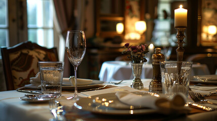 Elegant dining table setting with glassware, candles, and floral decor