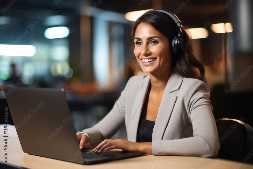 Sticker Successful female customer service representative using laptop at office headphones computer adult.