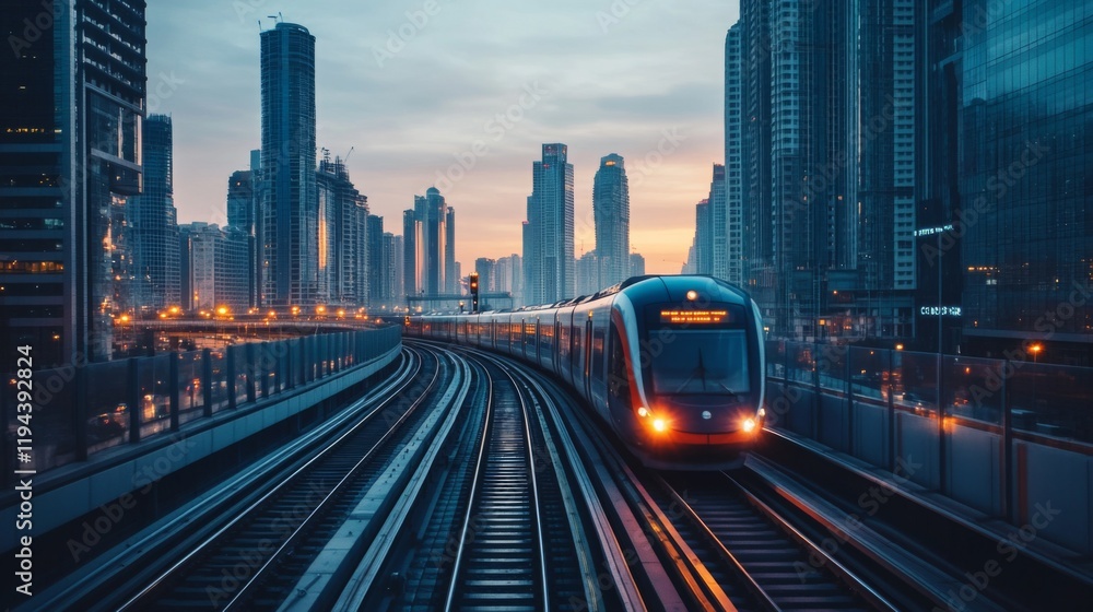 Poster high-definition shot of a high-speed train on elevated tracks, emphasizing its sleek profile and the
