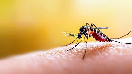 Naklejka premium Aedes aegypti mosquito on human skin under bright natural light. Symbolic of Yellow Fever transmission risks.