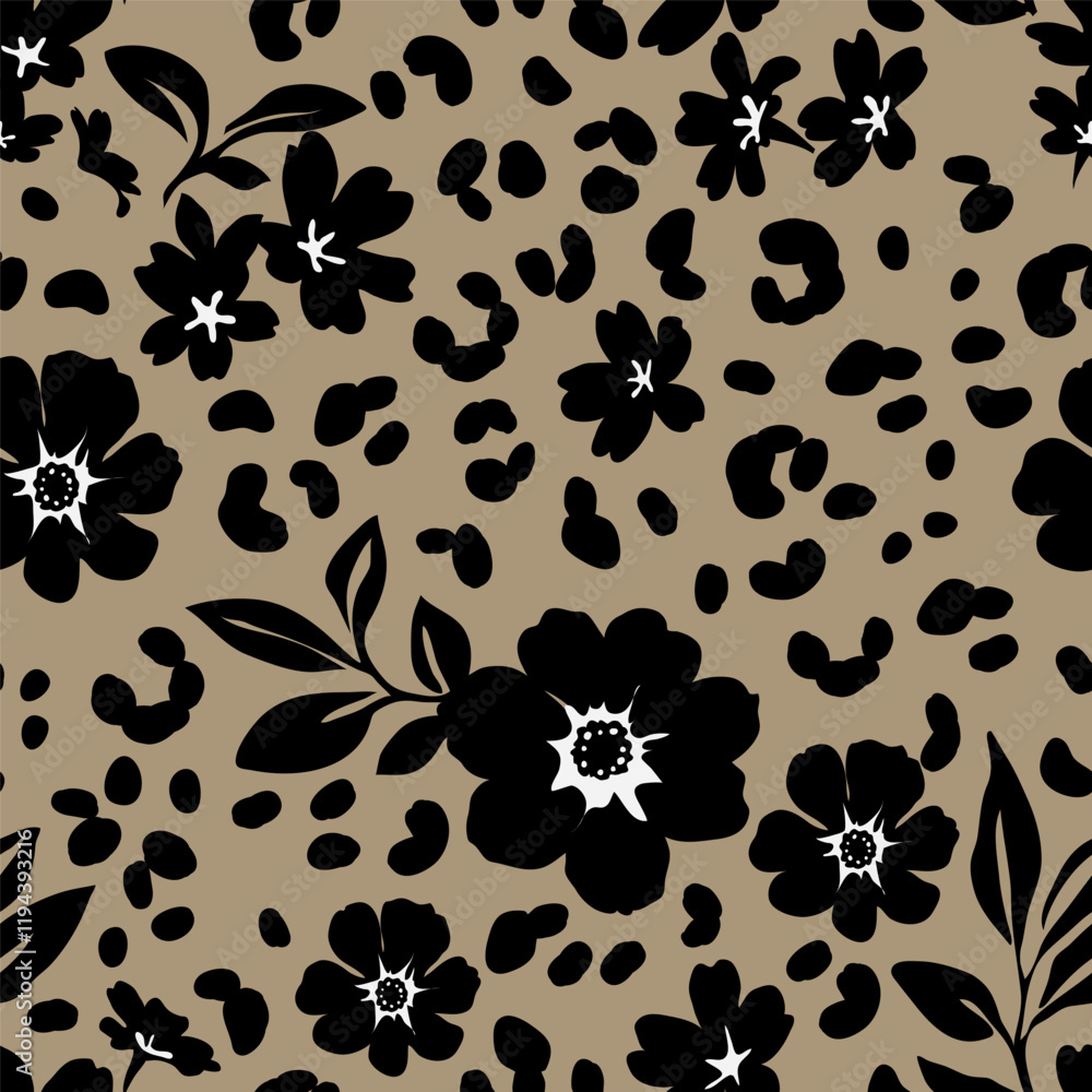 Poster Seamless pattern with abstract flower, leaves and leopard print silhouette. Brown background with blossoming black flower and exotic wild animal spot. Floral wallpaper. Vector stock illustration.