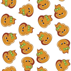 Seamless pattern with kawaii poop on white background. Cartoon poo, feces icons. Shit patterns, evil turd. Vector illustration for invitation, poster, card, fabric, textile. Doodle style.
