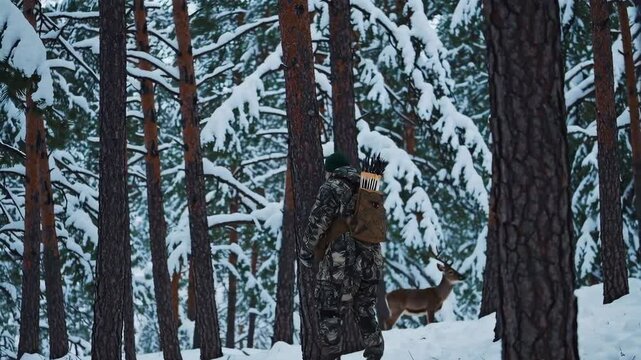 Winter Hunting Scene Footage in Snowy Forest with Archer