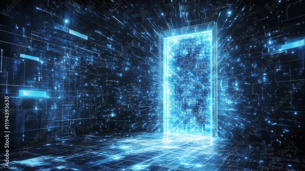 Poster futuristic open door with digital technology neon light pattern on wall. realistic 3d vector illustr