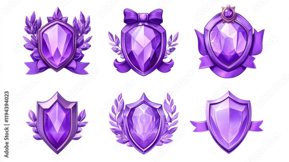 Aufkleber purple badges with level number and xp points for game ui design. vector cartoon icons of crystal st