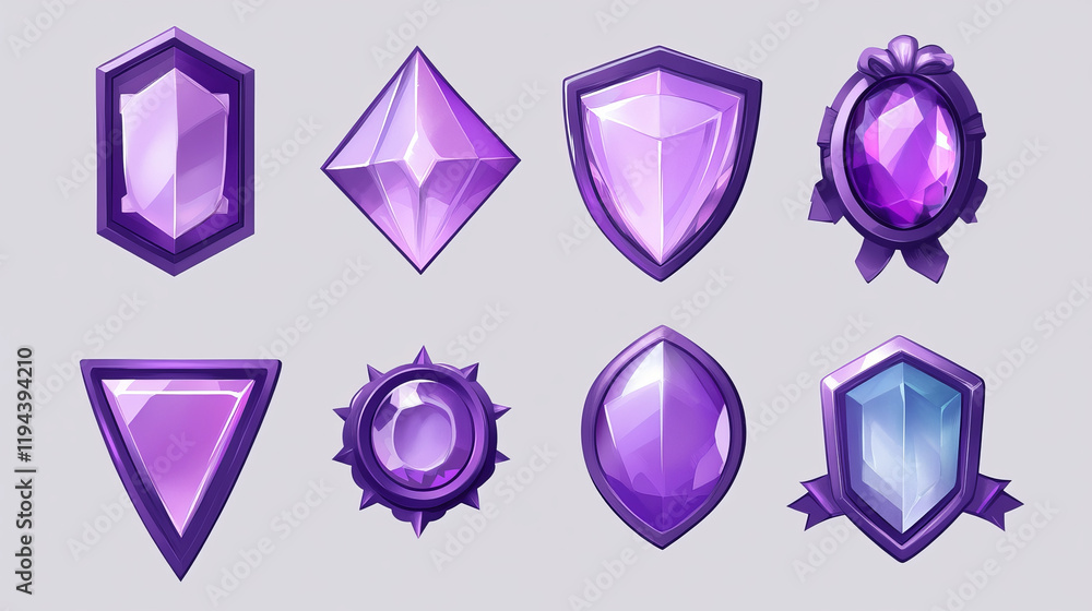 Aufkleber purple badges with level number and xp points for game ui design. vector cartoon icons of crystal st