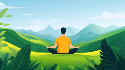 Serene Moment of Meditation in Lush Green Landscape with Majestic Mountains and Clear Blue Sky, Promoting Peace, Calmness, and Inner Harmony