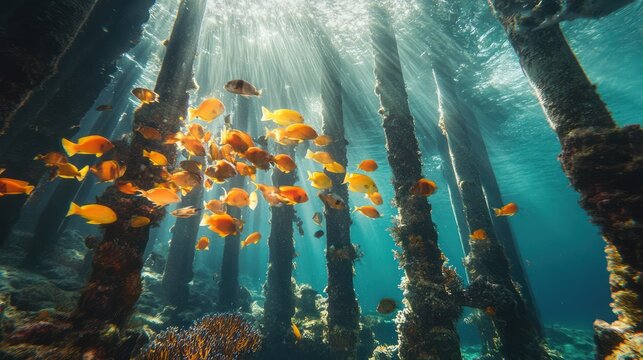 Underwater pier, sunlit fish school, coral reef