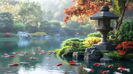 Serene Japanese Garden Koi Pond with Stone Lantern