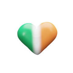 3d render Ireland flag heart shape. Three-dimensional vector illustration Irish national symbol. Patriotism sign of European country. Green, white, orange textile freedom decoration. St. Patricks Day