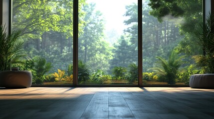 Serene Indoor View of Lush Greenery Through Large Windows