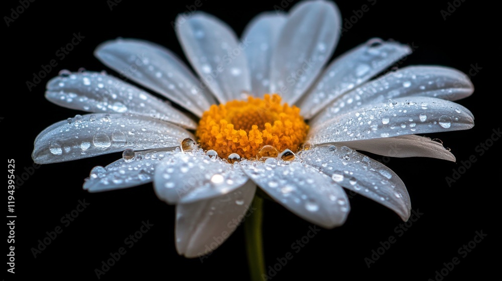 Poster High-resolution view of a flower with dew drops on its petals, featuring a soft focus on the droplets to emphasize their sparkling and fresh appearance.