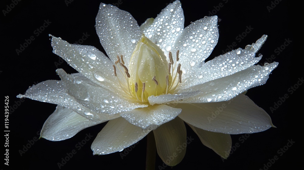 Poster High-resolution view of a flower with dew drops on its petals, featuring a soft focus on the droplets to emphasize their sparkling and fresh appearance.