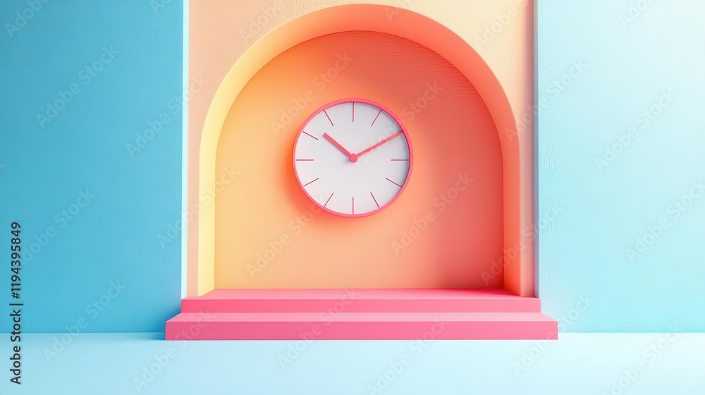 Poster a colorful clock set in an arch-shaped niche against a pastel background, creating a modern and styl
