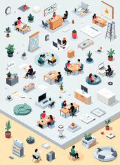 isometric set vector design of co working spaces with digital tools and meeting set up arranged on grey and yellow background