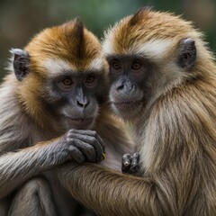 Obraz premium Focus on a monkey grooming another monkey.