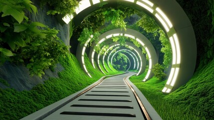 Futuristic Green Tunnel with Glowing Lights and Lush Vegetation