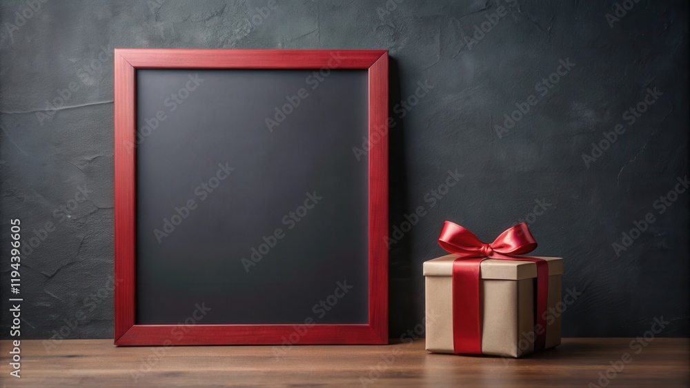 Aufkleber a dark frame with blank space next to a gift with a red ribbon on wooden surface