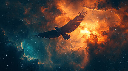 Fototapeta premium Majestic bird soaring through colorful cosmic clouds at dusk