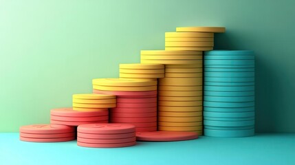 A colorful stack of coins arranged in ascending order, representing growth and financial success against a minimalistic backdrop.