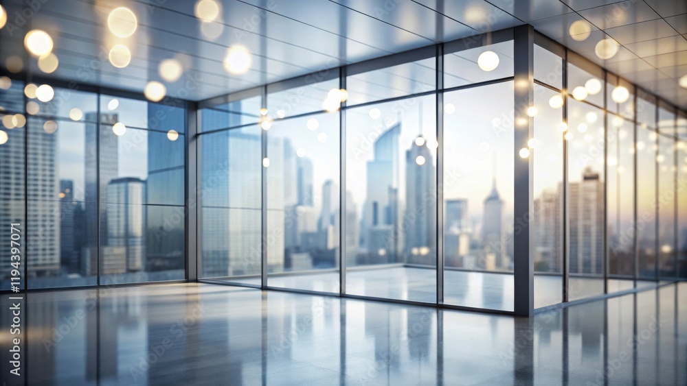 Poster modern empty office space with panoramic city view and soft lighting