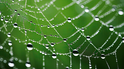 Naklejka premium Close-up of Dew-Covered Spiderweb Against Lush Green Background