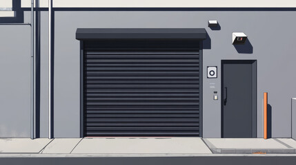 Gate with black rolling shutter in gray wall. Vector realistic illustration of hallway in garage or warehouse with closed and open roller up blinds. Building facade with automatic doors