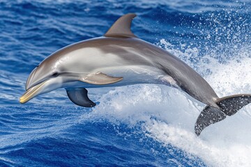 Fototapeta premium Stunning Dolphin Leaps from Ocean Wave Dynamic Wildlife Scene