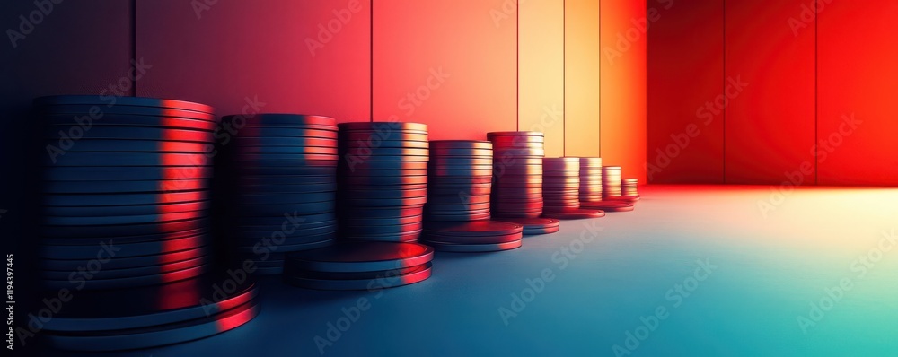 Poster a vibrant collection of stacked coins, illuminated by colorful light, creating a striking visual eff