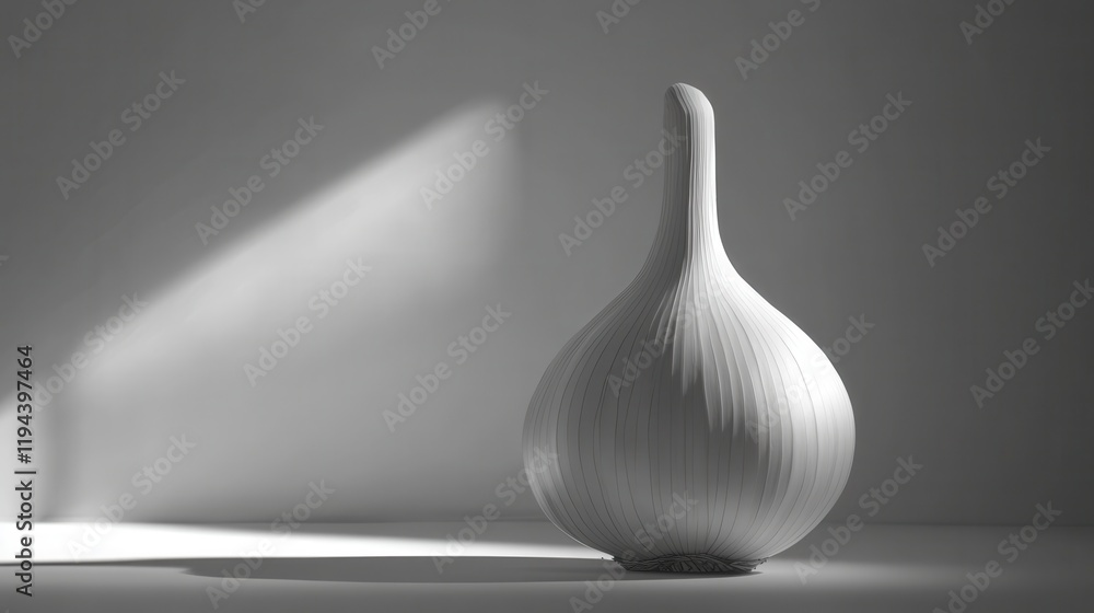 Poster elegant white sculpture of a garlic bulb casting shadows in minimalist setting with soft light and s