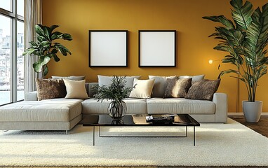 Modern living room interior design, mustard wall, city view