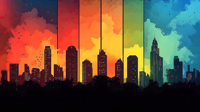 Colorful comic scene background with city silhouette