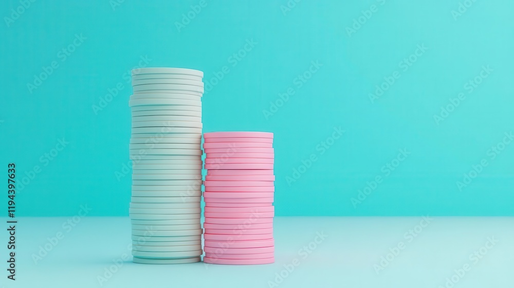 Poster two stacks of colored circular objects on a soft blue background, showcasing a contrast between soft