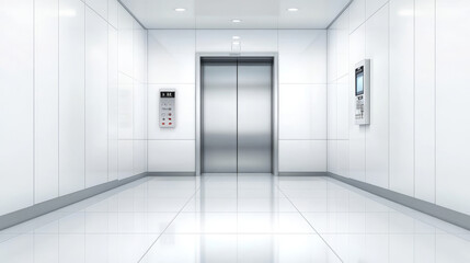 Fototapeta premium Metal elevator doors in hallway perspective view. Vector realistic empty modern office or hotel lobby interior with lift, metal panel with buttons and floor display on wall