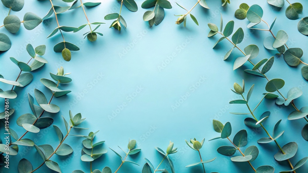Poster serene eucalyptus sprigs forming a circular frame on a light blue background