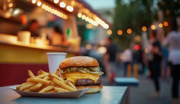 Cheeseburger, fries, and drink at food truck.