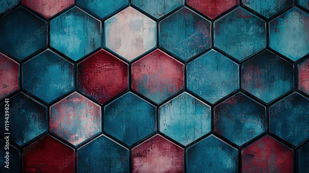 Poster abstract hexagonal pattern with teal, red, and pink grunge texture.