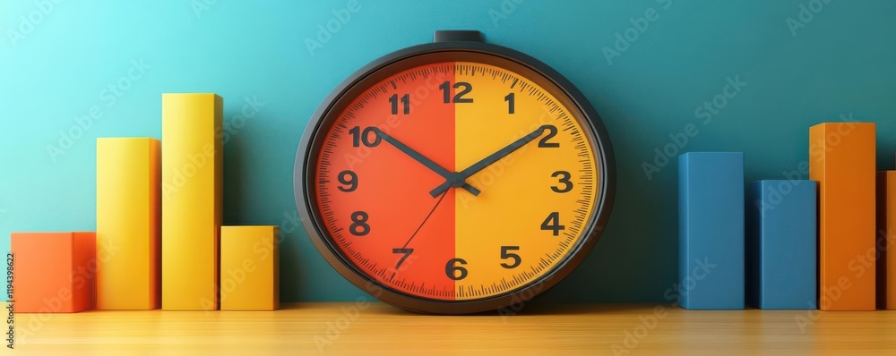 Poster a colorful clock stands next to vibrant blocks, creating an engaging visual that blends timekeeping 