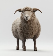 Fototapeta premium A sheep standing on the ground, front view, white background, real photo style, full body shot, 3D rendering, high definition resolution, natural lighting,