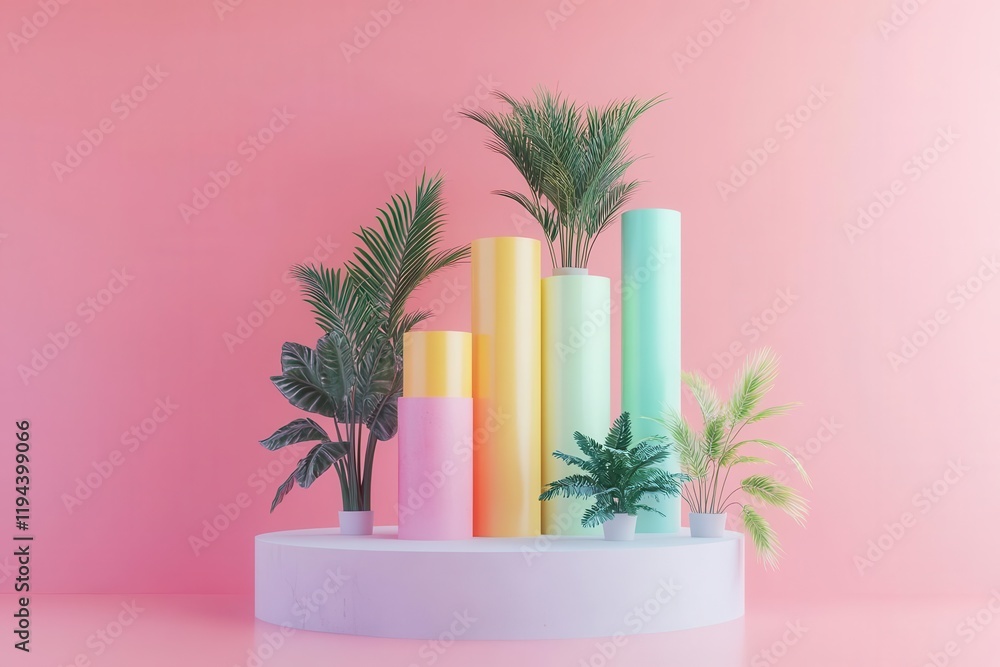 Aufkleber a vibrant display of colorful cylindrical objects and lush greenery against a soft pink background, 