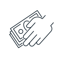 Hand manages money.Payment process, finance management, save money.Online banking and control finance application.Vector linear icon illustration isolated on white background.