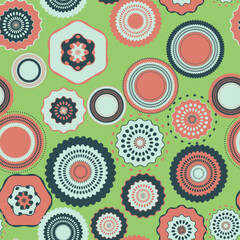 Seamless pattern with geometric aboriginal ornament. Ethnic tribal rounded color background. Afican, australian motiph. Dots painting. Vector illustration, template design for cloth, card, fabric.