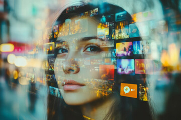 Female face with floating digital screens, pictures and media feeds. Woman surrounded by and social media icons. Concept of online content consumption