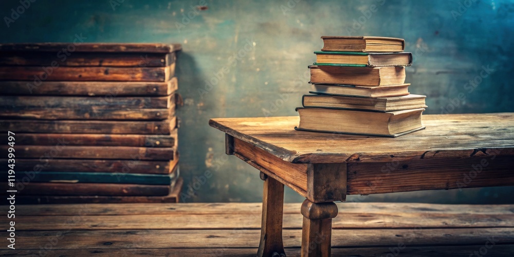 Poster rustic wooden table displays a stack of aged books against a textured backdrop