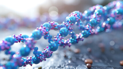 Close-up of a colorful DNA strand model with glowing blue and pink highlights on a dark abstract background