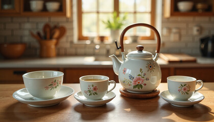 Exquisite floral tea set arranged on rustic wooden countertop, vintage charm