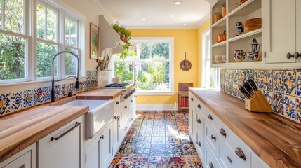 Sunny kitchen with white cabinets, wood counters, colorful tile backsplash and floor.