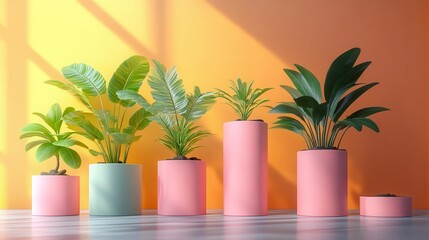 Obraz premium A vibrant display of potted plants in colorful containers against a sunny orange wall, creating a fresh and lively indoor atmosphere.