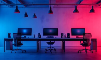 Modern office with blue and red lighting, computers, and desks.