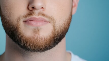 Obraz premium A clean and detailed close-up of a man with a pencil-thin beard outlining his jawline, casual attire, soft lighting